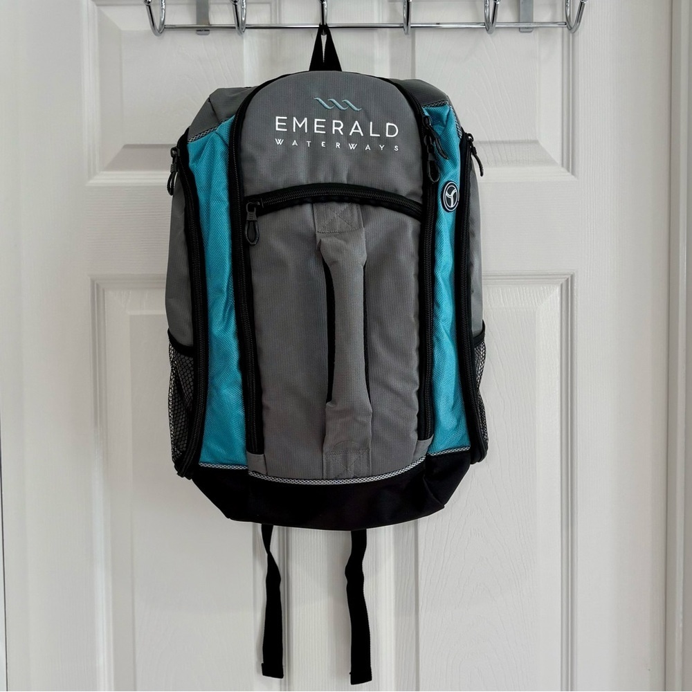 Emerald Waterways Daypack, Backpack Travel Bag -Gray Blue Black Side Pockets EUC